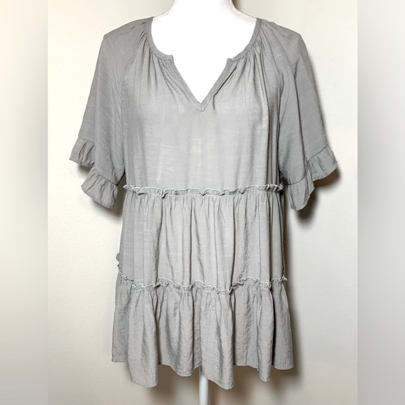 Camille &Co Gray Ruffled Tiered Boho Tunic with V-Neck Rayon Blend Women Medium - Picture 1 of 7